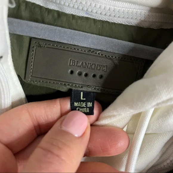 25) NWT BLANK NYC Olive Green & Cream Hooded Quilted Tie Waist Puffer Jacket MED - Picture 7 of 14